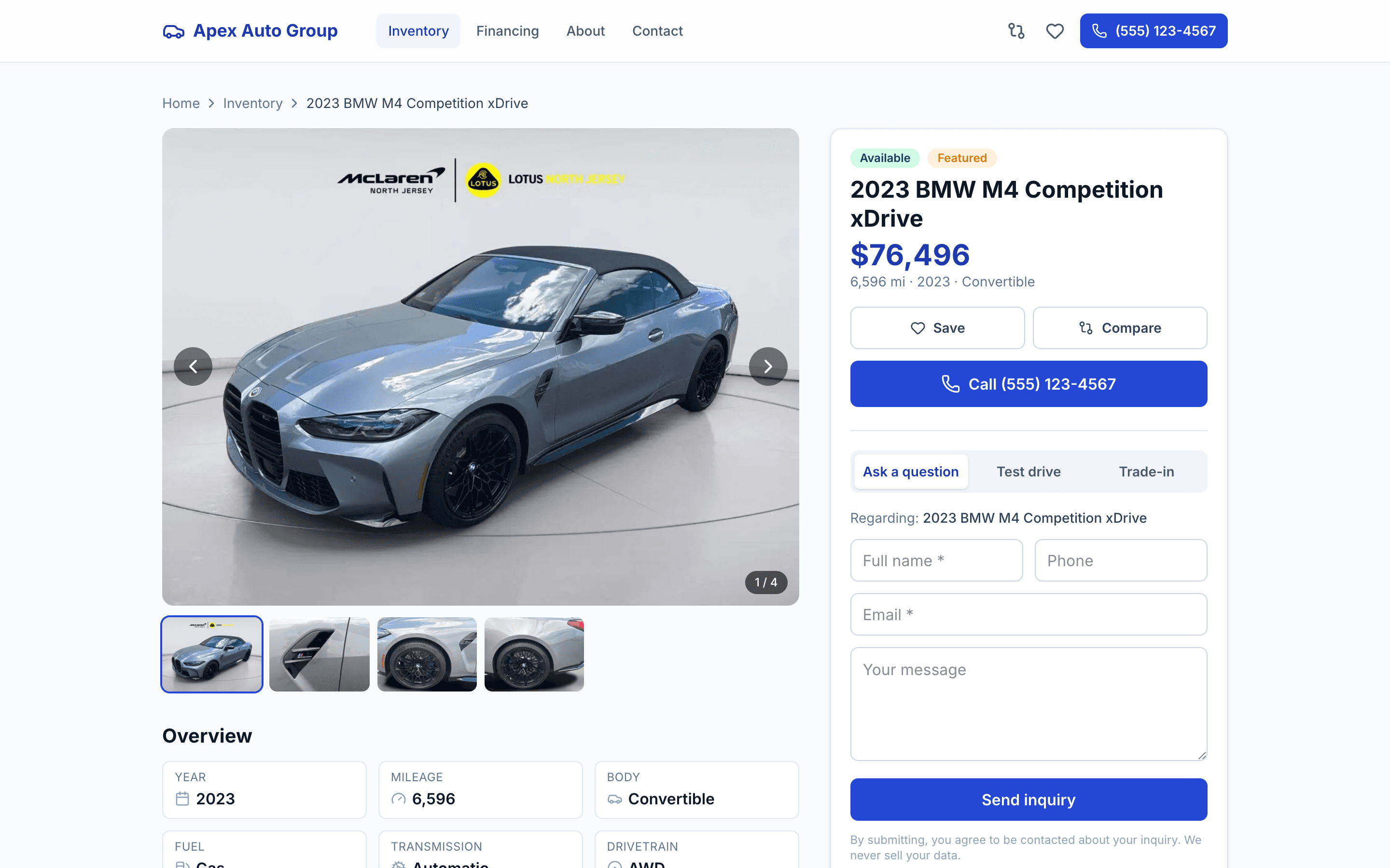 Vehicle detail — gallery, specs, and inquiry forms