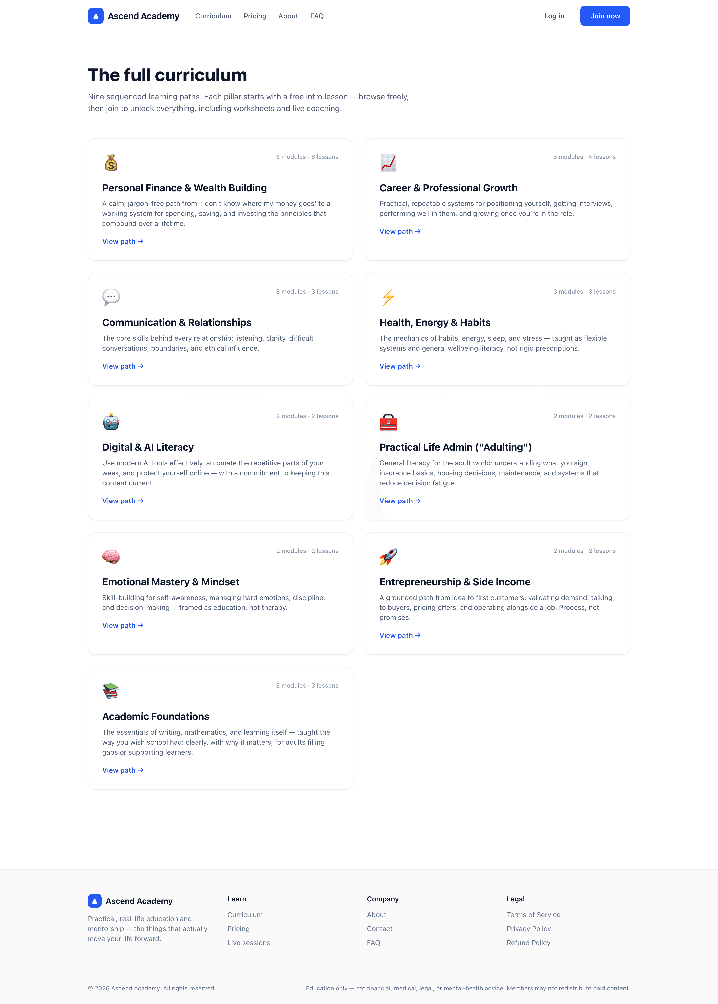 The curriculum across nine pillars