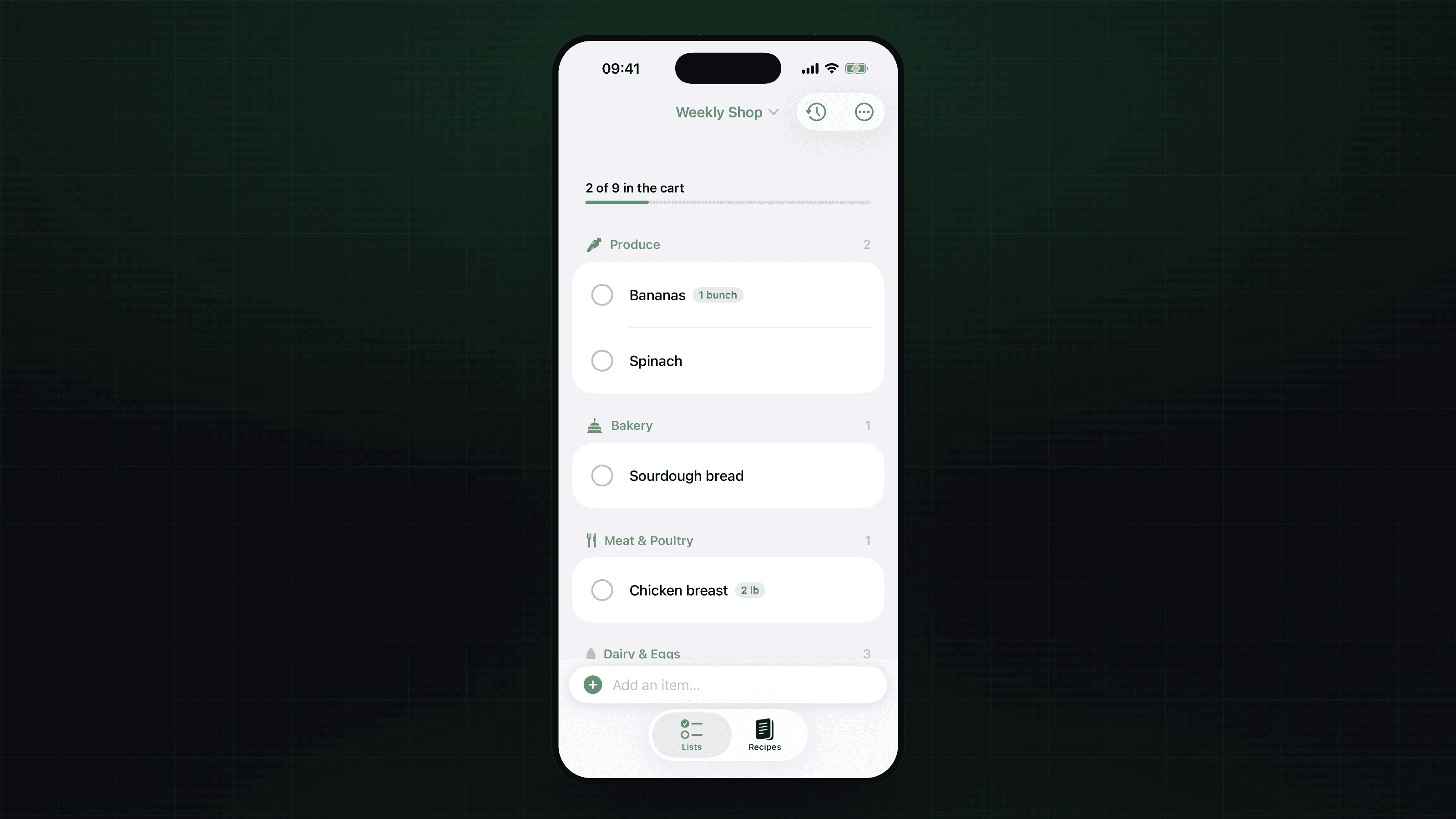 The list, auto-sorted into store aisles as you type