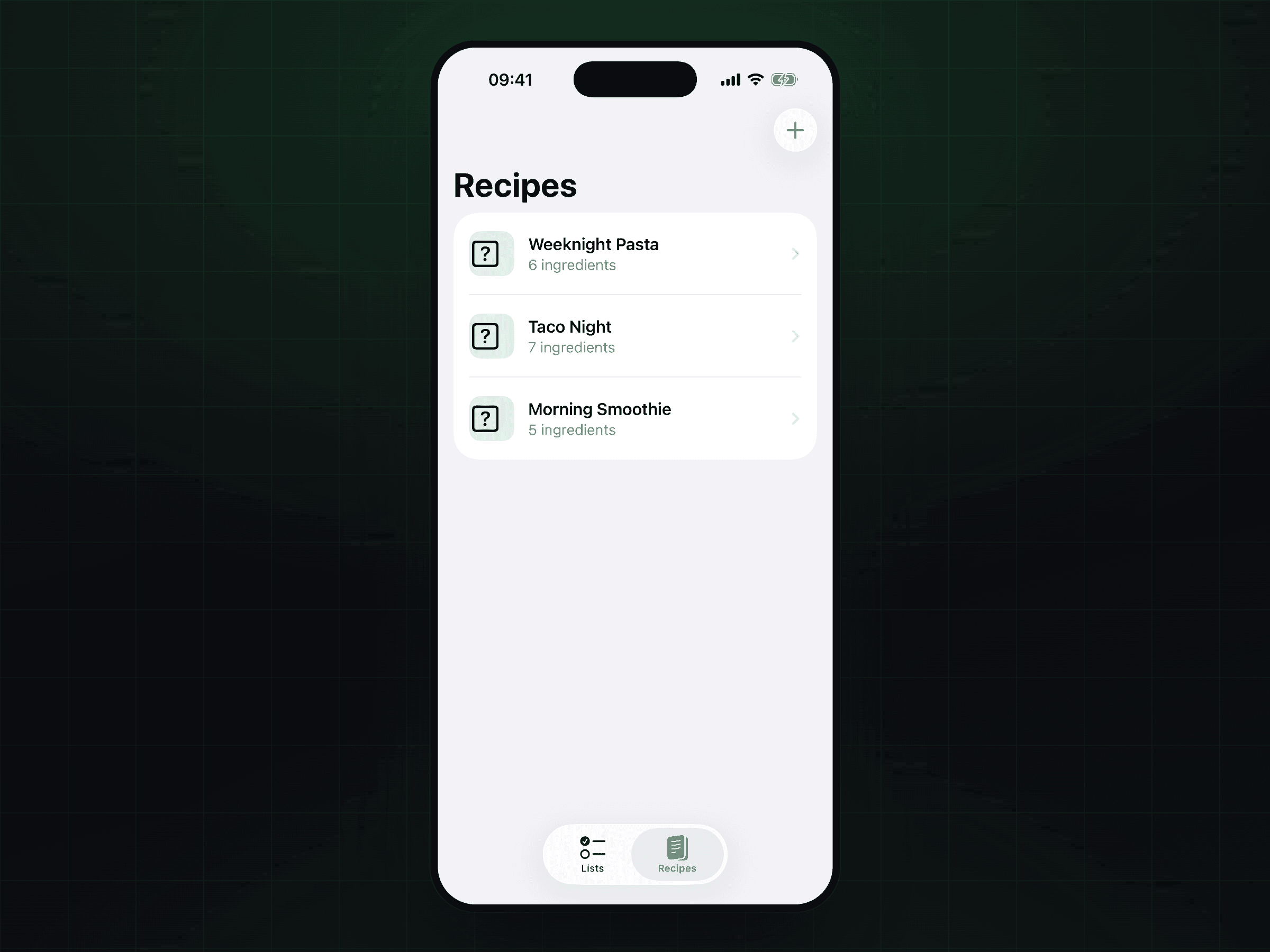 Recipes — push every ingredient onto a list in one tap