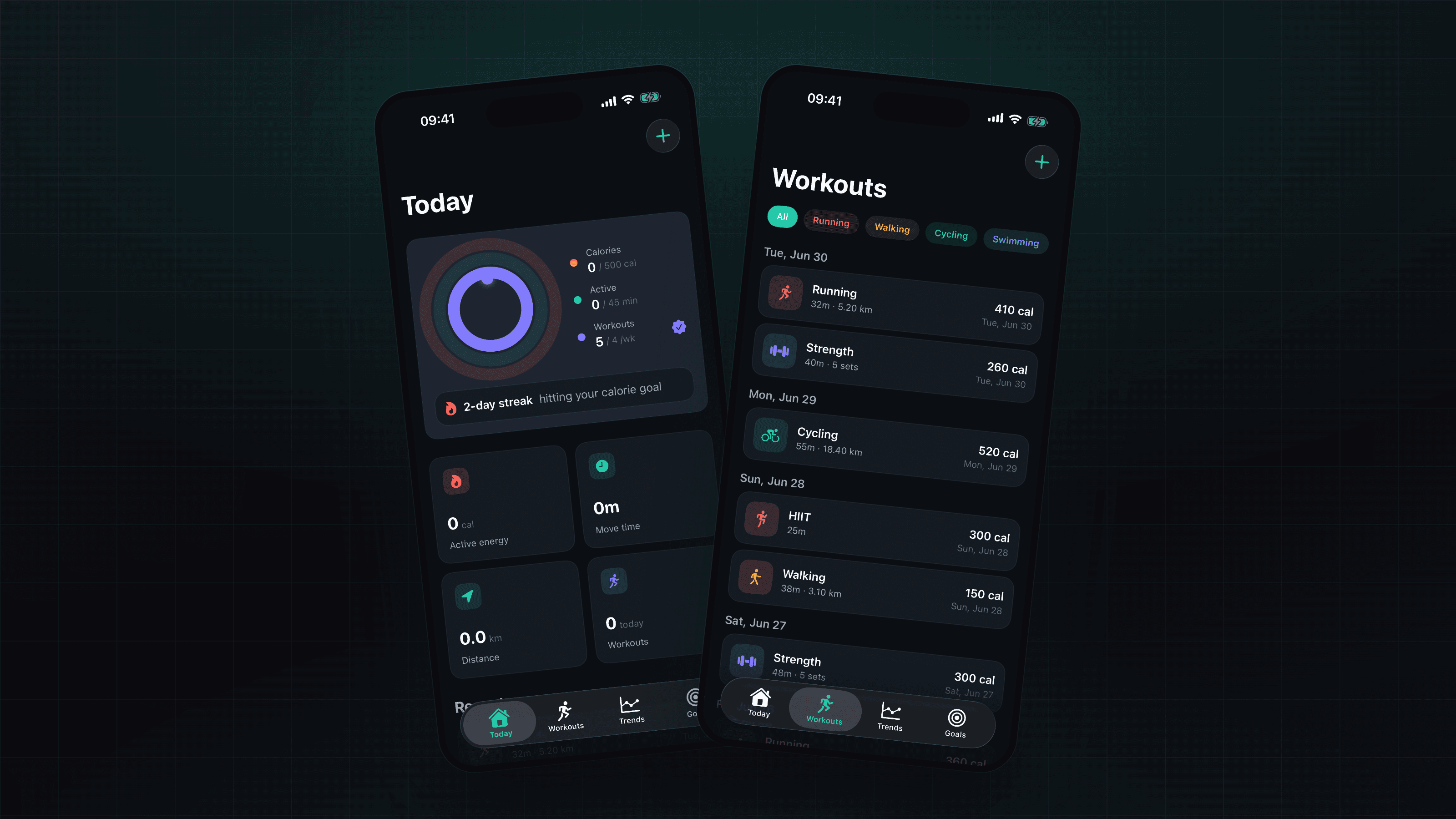 The dashboard and the workout log