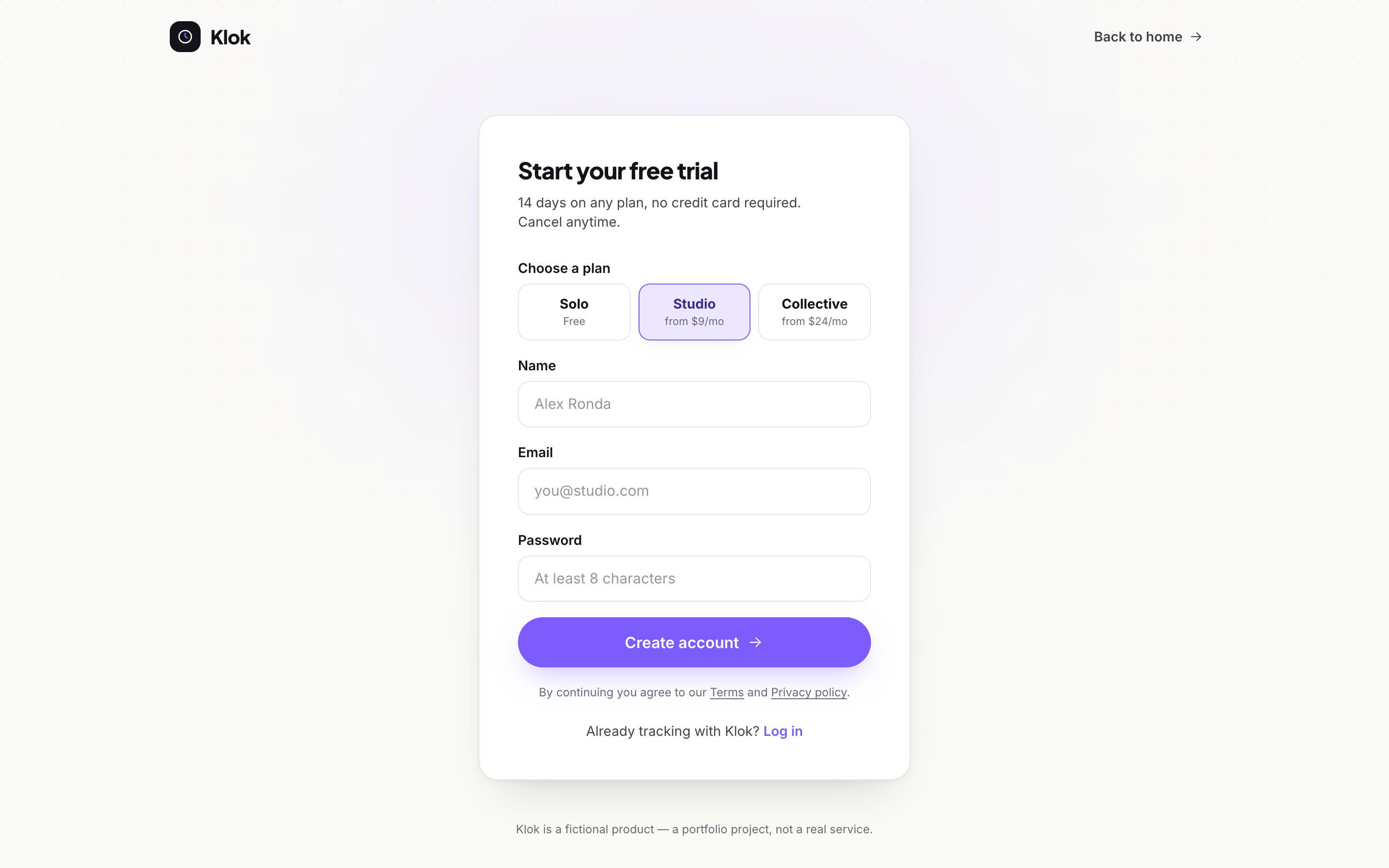 Sign-up — plan picker with validated forms