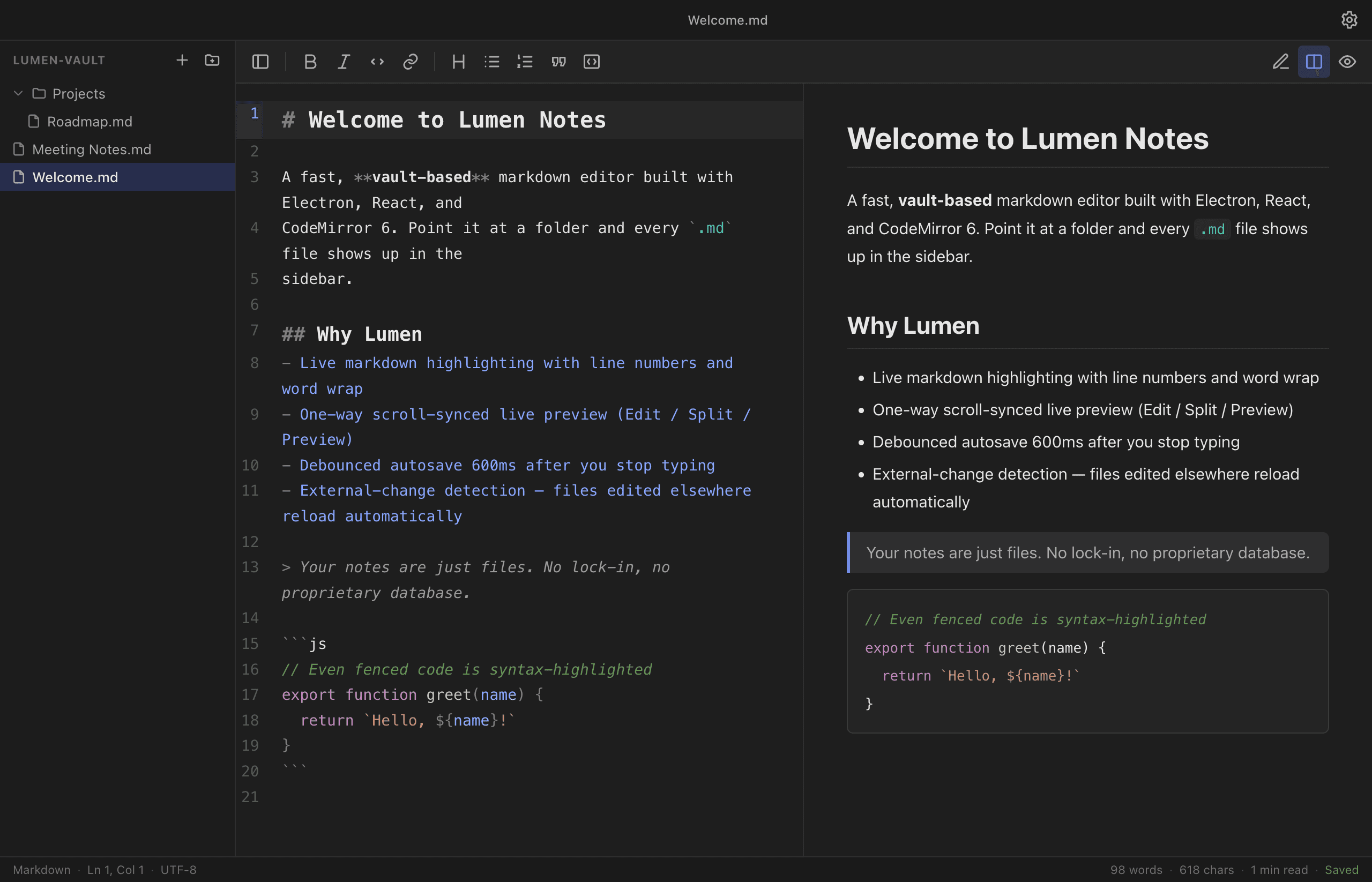 Split view — CodeMirror editor and live preview