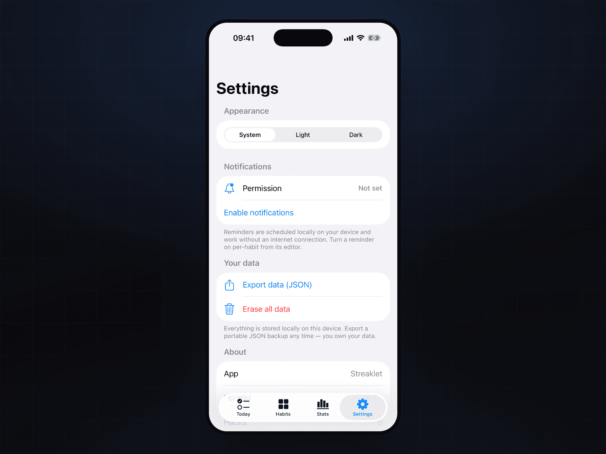Reminders, themes, and JSON data export